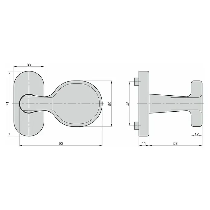 Basi Knopfdrücker auf Rosette SR 5000 - Vierkantstift: 8 mm, Silber, Unbeweglich - Technische Zeichnung eines H-förmigen Griffs oder Knaufs mit verjüngter Mitte und flachen, abgerundeten Enden, 90mm lang.