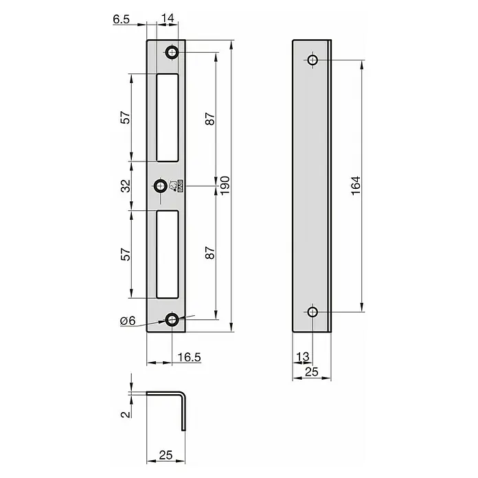Basi Winkelschließblech WS 95 - DIN Anschlag: Universell einsetzbar, L x B x H: 170 x 20 x 20 mm, Käntig - Technische Zeichnung eines Schließblechs mit Maßen und L-förmigem Montagewinkel.