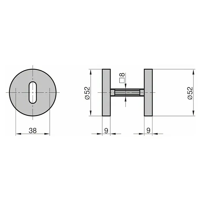 Basi Sicherheitsrosette ZBR 3110 - Stärke Rosette: 7 mm, Buntbart - Technische Zeichnung einer runden Türdrückerrosette (Ø52mm) mit 8mm Vierkantstiftöffnung und 38mm Schlitz.