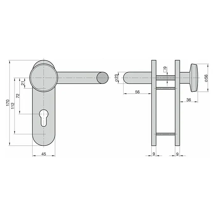 Basi Schutzbeschlag ZT/FS 2150 - Feuerschutztür, Schwarz, Knopf außen, Drücker innen, Abgerundet, Stärke Tür: 44 mm - 66 mm - Technische Zeichnung einer Türdrückergarnitur mit Langschild und Drehknauf, inklusive Maßen.