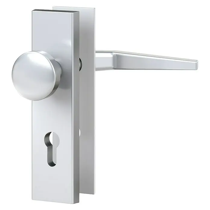 Basi Schutzbeschlag ES0 VMS - Hauseingangstür, Silber, Distanznorm: 72 mm, Ohne Zylinderabdeckung, Knopf außen, Drücker innen - Satin-silberner Türbeschlag mit rundem Knopf, Türgriff und Schlüsselloch-Rosette.