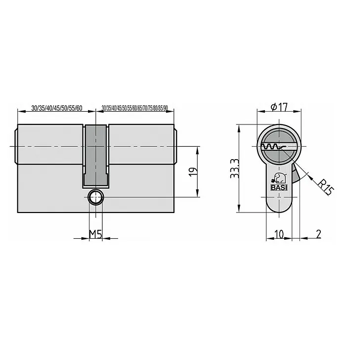 Basi Profilzylinder BM - Baulänge innen: 30 mm, Baulänge außen: 40 mm, Material Zylinder: Messing, Bohrmuldenschlüssel - Technische Zeichnung eines Doppelzylinderschlosses mit Maßen wie 17mm Durchmesser, M5 Schraube und verfügbaren Längenoptionen.