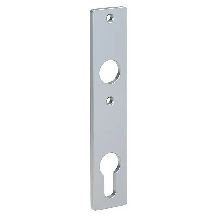 Basi Kurzschild SK 912 - Distanznorm: 72 mm - Silberfarbenes Türbeschlag-Schild mit Aussparungen für Griff und Profilzylinder.