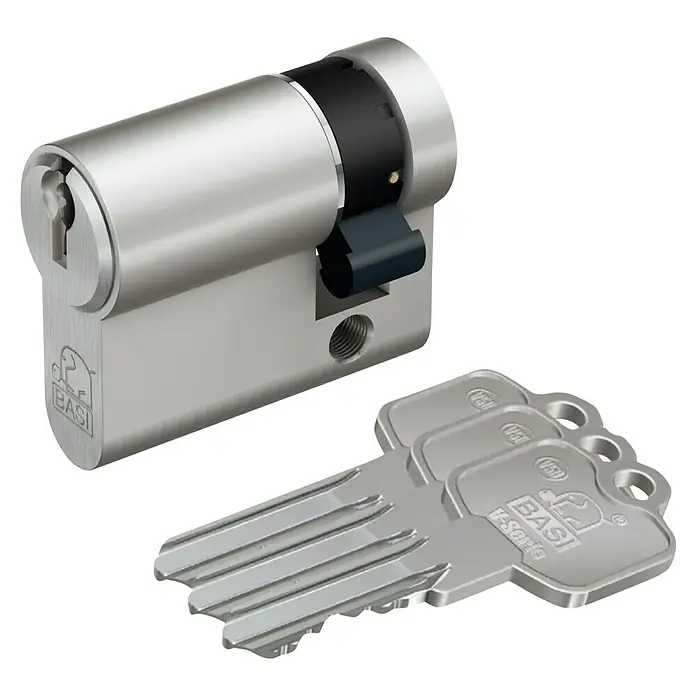 Basi Profilhalbzylinder V50 - Baulänge innen: 10 mm, Baulänge außen: 30 mm, Material Zylinder: Messing, Profilschlüssel - Silberfarbener Profilzylinder mit drei passenden Schlüsseln.