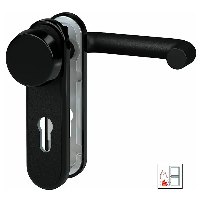 Basi Schutzbeschlag ZT/FS 2150 - Feuerschutztür, Schwarz, Knopf außen, Drücker innen, Abgerundet, Stärke Tür: 44 mm - 66 mm - Schwarzes Brandschutztürbeschlag-Set mit Griff, Rundknauf und Langschild.