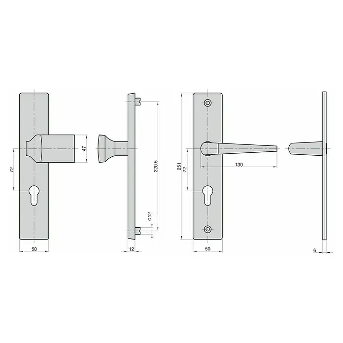 Basi Schutzbeschlag ES0 VMS - Hauseingangstür, Silber, Knopf außen, Drücker innen, Distanznorm: 72 mm, Stärke Schild/ Rosette: 12 mm - Technische Zeichnung eines Türbeschlags mit Standardschloss und Zylinderöffnung, verschiedene Ansichten und Maße.