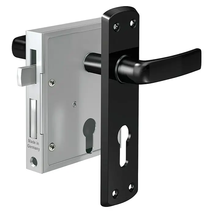 Basi Stumpfdrückerschloss SDS 130 - DIN Anschlag: Universell einsetzbar, Profilzylinder PZ - Silbernes Türschloss mit schwarzem Griff und Beschlag, inklusive Schlüsselloch. Made in Germany.