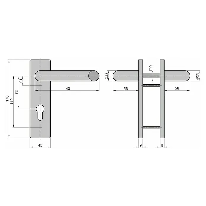 Basi Schutzbeschlag ZT/FS 2100 - Einsatzbereich: Feuerschutztür, Aluminium, Drücker beidseitig, Stärke Tür: 44 mm - 66 mm - Technische Zeichnung einer grauen Türdrücker-Garnitur mit Profilzylinder-Lochung und Maßen.