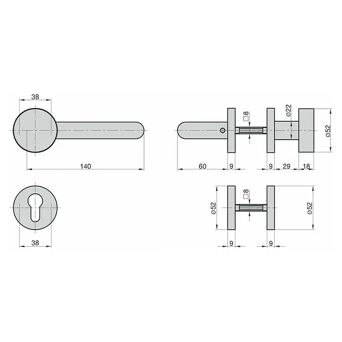 Basi Wechselgarnitur ZB 3100 - Stärke Tür: 38 mm - 44 mm, Silber, DIN Anschlag: Links - Technische Zeichnung eines Türbeschlags-Sets mit Griff und Knauf, inklusive Maßen.