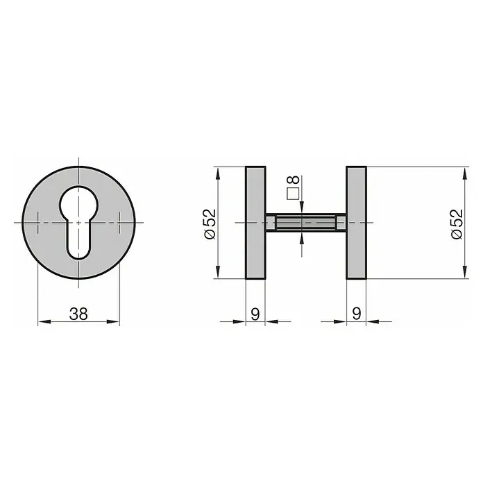 Basi Sicherheitsrosette ZBR 3110 - Stärke Rosette: 7 mm, Profilzylinder - Technische Zeichnung einer runden Schlüsselloch-Rosette (Ø52mm), mit Vorderansicht des Schlüssellochs und Seitenansicht (9mm Plattendicke).