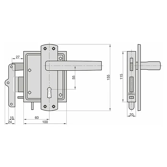 Basi Stumpfdrückerschloss SDS 130 - DIN Anschlag: Universell einsetzbar, Buntbart BB - Technische Zeichnung eines grauen Metalltürschlosses mit integriertem Griff und Schlüsselloch, mit Maßen dargestellt.