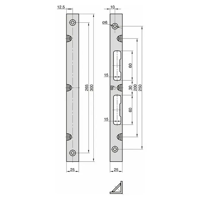 Basi Winkelschließblech SWS 995M - DIN Anschlag: Universell einsetzbar, L x B x H: 300 x 235 x 25 mm - Technisches Zeichnungsbild einer grauen Metallmontageplatte, 300mm lang, mit Ø6 Löchern, D-Ausschnitten und 60mm Langlöchern.