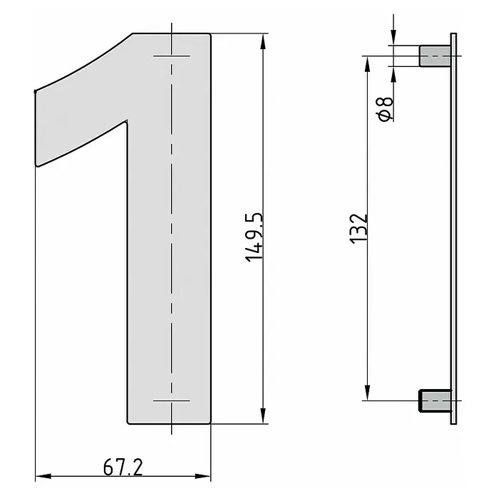 Basi Hausnummer HN 150 - B x H: 67,2 x 149,5 mm, Motiv: 1, Edelstahl - Bemaßte Zeichnung einer hellgrauen Ziffer 1, mit Vorderansicht (149,5 mm Höhe) und Seitenansicht mit 8 mm Durchmesser Abstandshalter.