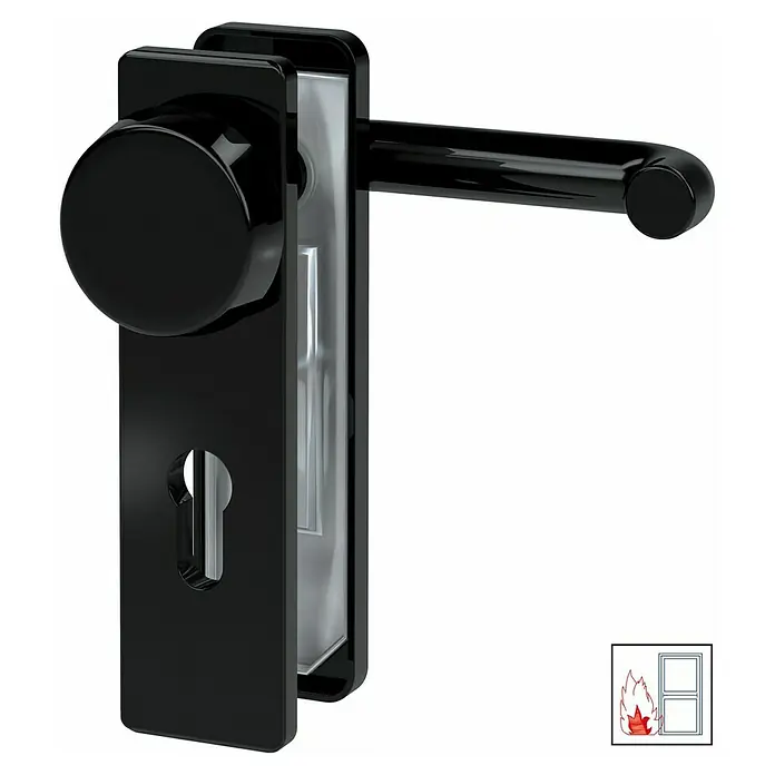 Basi Schutzbeschlag ZT/FS 2150 - Feuerschutztür, Schwarz, Knopf außen, Drücker innen, Eckig, Stärke Tür: 44 mm - 66 mm - Schwarze Türdrückergarnitur mit Knopf, Hebel und Schlüsselloch, brandschutzgeprüft.