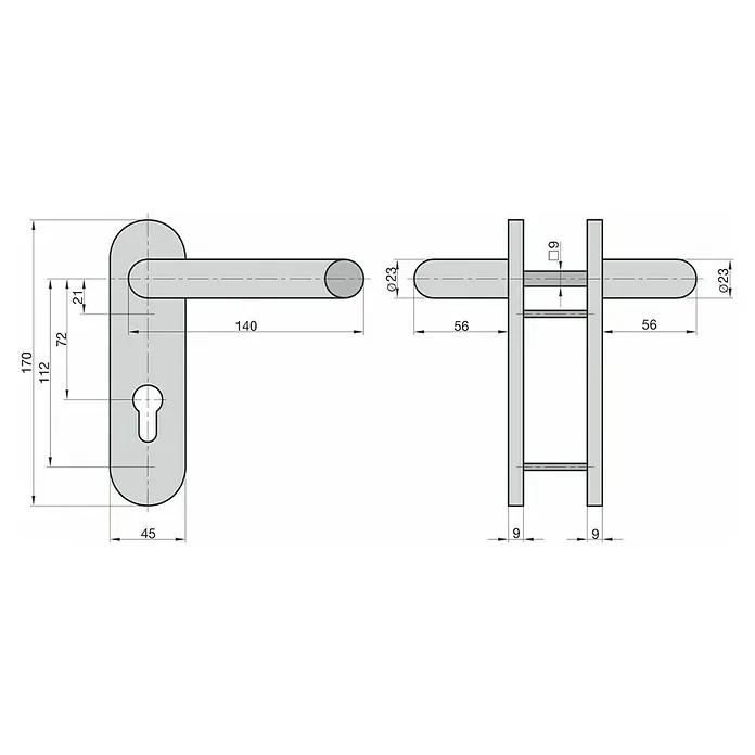 Basi Schutzbeschlag SB/FS 2200K ES1 - Feuerschutztür, Edelstahl, Drücker beidseitig, Ohne Zylinderabdeckung, Stärke Tür: 44 mm - 66 mm - Technische Zeichnung eines Türdrückers mit Langschild und Schlüsselloch, mit Vorder- und Seitenansicht und Maßen.
