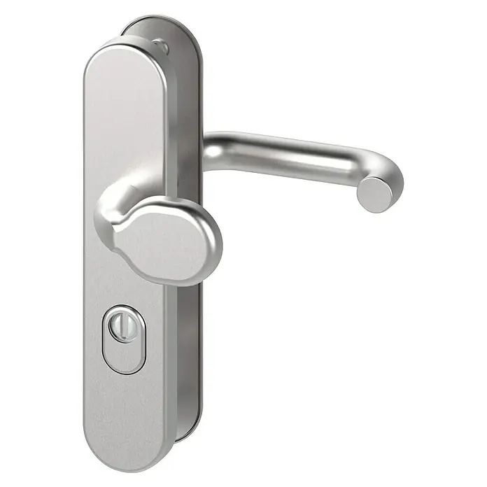 Basi Schutzbeschlag SB 7500 ES1 - Hauseingangstür, Edelstahl, Knopf außen, Drücker innen, Mit Zylinderabdeckung, Stärke Tür: 38 mm - 58 mm - Türgriff aus gebürstetem Silbermetall mit integriertem Schlossmechanismus.