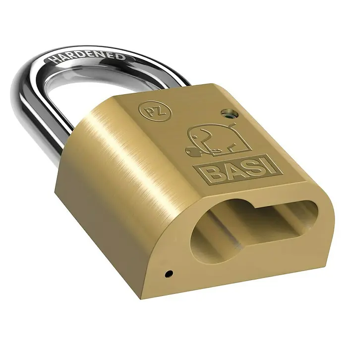Basi Vorhangschloss VHS PZ - B x H: 28 x 46,5 mm, Bügelinnenhöhe: 40 mm, Material Bügel: Gehärteter Spezialstahl - Messing-Vorhängeschloss mit gehärtetem Stahlbügel, mit „BASI“-Branding und einem Schlüsselloch.