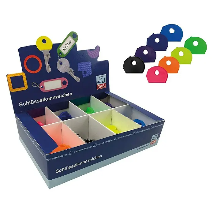Basi Schlüsselkappe rund - 200 Stk., Leuchtfarben - Bunte Gummischlüsselkappen und Plastikschlüsselanhänger in einem Displaykarton, mit Beispielen für Schlüssel und Beschriftungen.