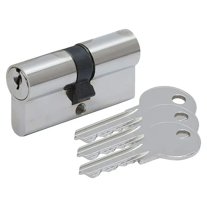 Basi Profilzylinder - Baulänge innen: 30 mm, Baulänge außen: 30 mm, Material Zylinder: Messing, Profilschlüssel - Silberner Türschließzylinder mit drei passenden Schlüsseln.