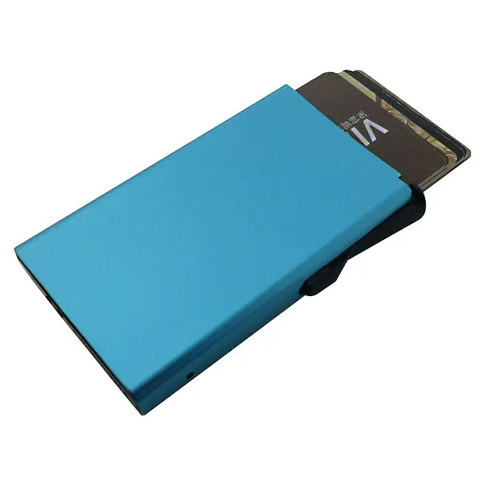 Basi Kartentasche - L x B x H: 98 x 61,5 x 13 mm, Blau - Hellblauer, metallischer Kartenhalter mit teilweise ausgefahrenen Karten und schwarzem Hebel an der Seite.