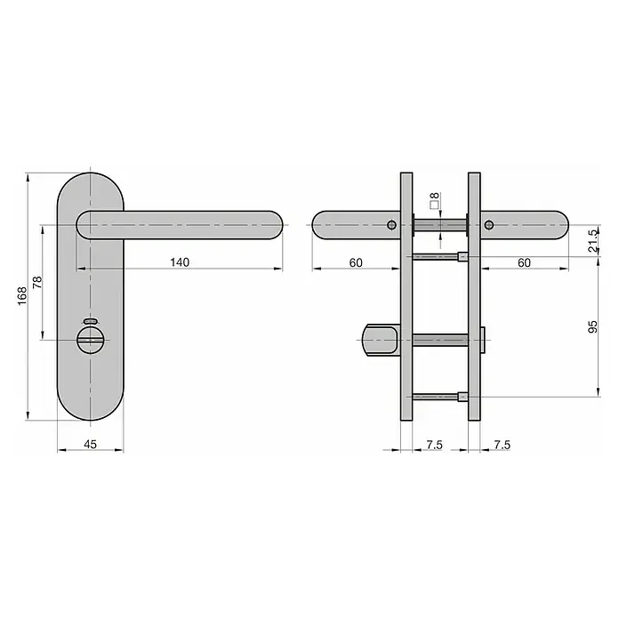 Basi WC-Drückergarnitur ZB 3800 - Edelstahl, Links - Technische Zeichnung eines grauen Türgriffsets mit Installationsmaßen.