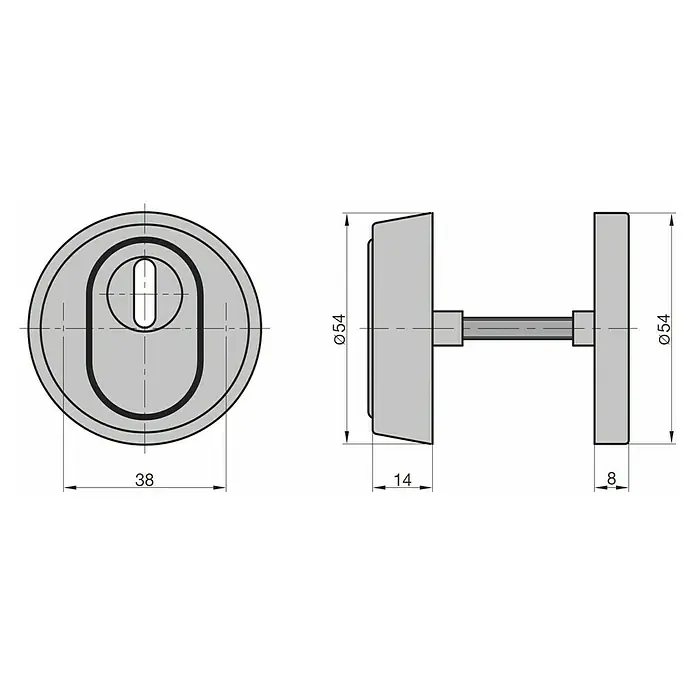 Basi Sicherheitsrosette SR 300 ZA - Silber - Ovales Schlüssellochschild, technische Zeichnung mit Vorder- und Seitenansicht, Maße Ø54, 38, 14, 8mm.