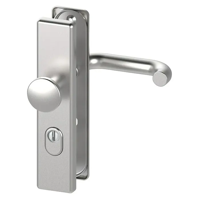 Basi Schutzbeschlag SB 7500 ES0 - Hauseingangstür, Edelstahl, Knopf außen, Drücker innen, Mit Zylinderabdeckung, Stärke Tür: 38 mm - 45 mm - Gebürsteter silberner Türbeschlag mit Griff, rundem Knauf und Schlüsselloch.