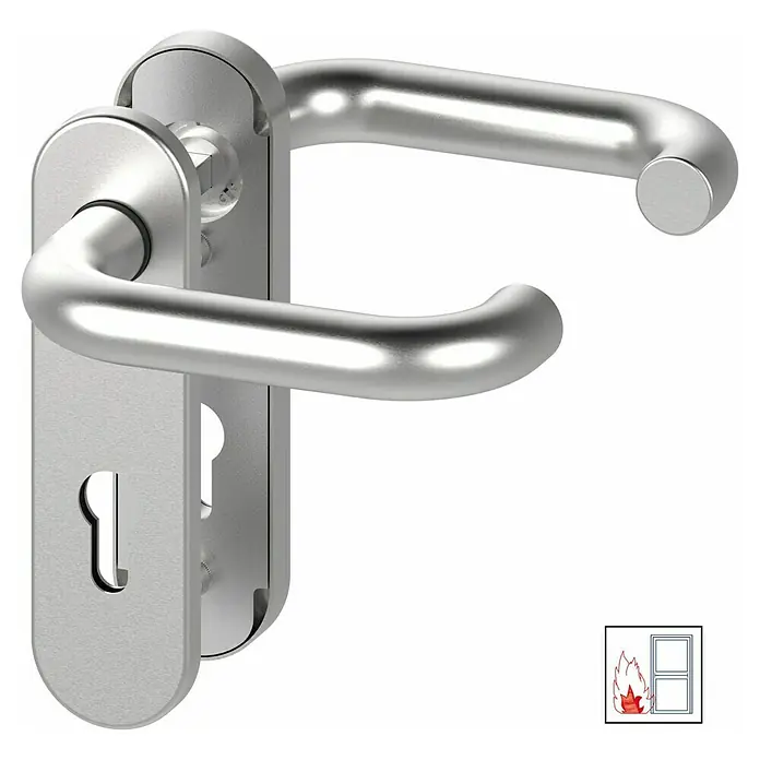 Basi Schutzbeschlag SB/FS 2200K ES1 - Feuerschutztür, Edelstahl, Drücker beidseitig, Ohne Zylinderabdeckung, Stärke Tür: 44 mm - 66 mm - Silberfarbener Türdrückergarnitur mit Schlüsselloch-Schild.