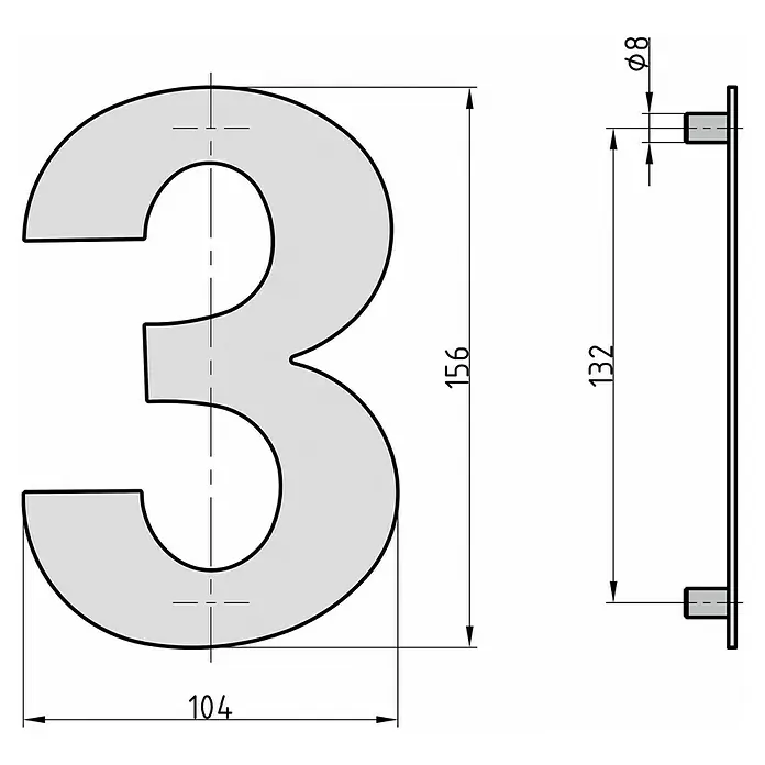 Basi Hausnummer HN 150 - B x H: 104 x 156 mm, Motiv: 3, Edelstahl - Technische Zeichnung einer hellgrauen Hausnummer 3 mit Befestigungsbolzen und Maßen.
