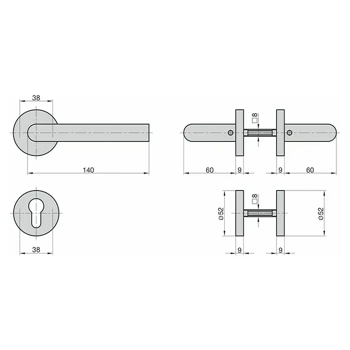 Basi Zimmertürgarnitur ZB 3200 - Stärke Tür: 38 mm - 45 mm, Edelstahl, L-Form, Profilzylinder - Technische Zeichnung eines Türbeschlags mit zylindrischen Griffen, runden Rosetten und passenden Schlüsselrosetten. Maße sind sichtbar.