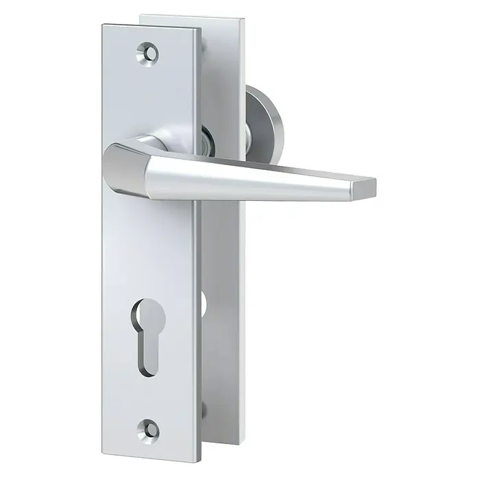 Basi Schutzbeschlag ES0 VMS - Hauseingangstür, Silber, Distanznorm: 72 mm, Ohne Zylinderabdeckung, Knopf außen, Drücker innen - Türbeschlag aus satiniertem Metall mit Schlüsselloch.