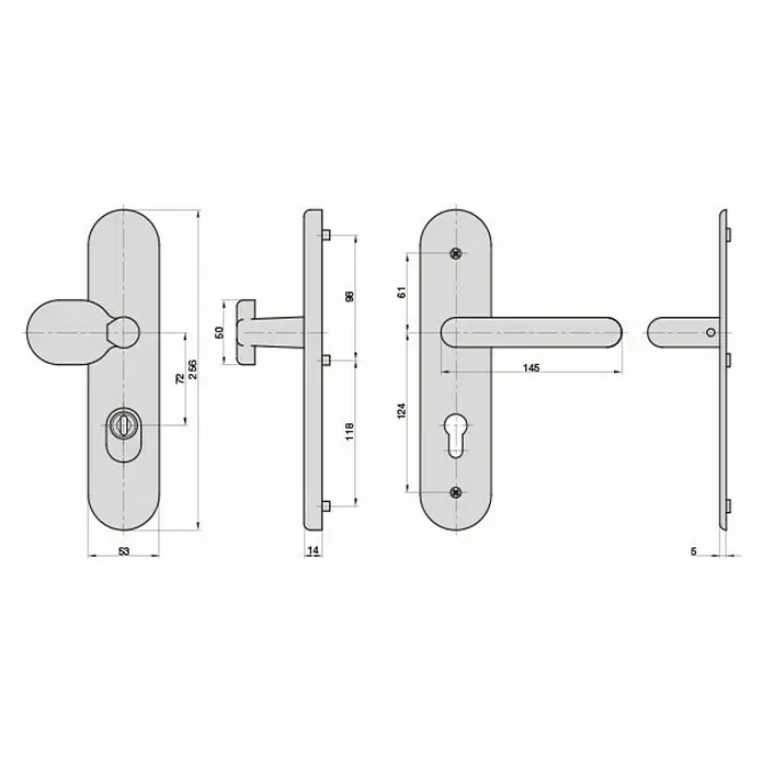 Basi Schutzbeschlag SB 7500 ES1 - Hauseingangstür, Aluminium, Knopf außen, Drücker innen, Mit Zylinderabdeckung, Stärke Tür: 38 mm - 45 mm - Technisches Zeichnung eines Türbeschlag-Sets mit Drücker und Knauf, inklusive Zylinderrosetten.