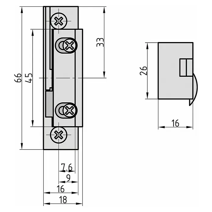 Basi Elektrischer Türöffner ET 94 - Geeignet für: Haustüren, Mit mechanischer Entriegelung - Technische Zeichnung eines grauen Montagebügels mit vier Schrauben, Vorder- und Seitenansicht mit Maßen.