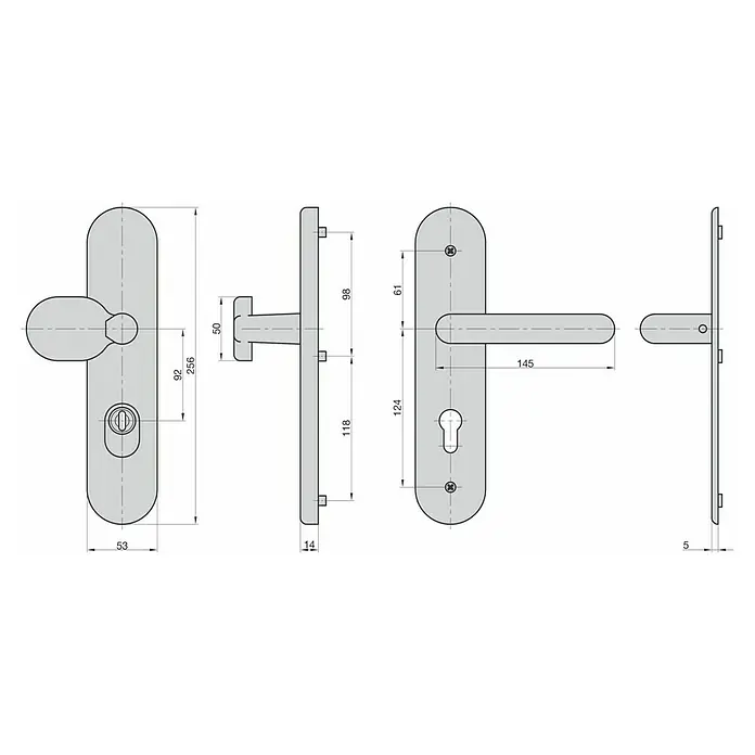 Basi Schutzbeschlag SB 7500 ES1 - Hauseingangstür, Aluminium, Knopf außen, Drücker innen, Mit Zylinderabdeckung, Stärke Tür: 50 mm - 70 mm - Technische Zeichnung: Grauer Metall-Türbeschlag mit ovalen Langschildern, Knauf auf einer und Drücker auf der anderen Seite, beide mit Schlüsselloch.