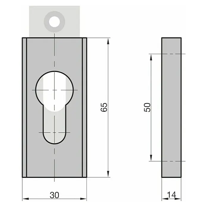 Basi Schlüsselschild SR 450 - Silber, Stärke Rosette: 14 mm - Graue Schloss-Montageplatte mit Schlüssellochausschnitt und Lasche. Technische Zeichnung mit Maßen.