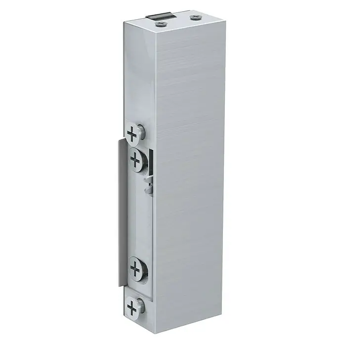 Basi Elektrischer Türöffner ET 91 - L x B x H: 90 x 28 x 16,5 mm, DIN Anschlag: Rechts - Silberner, gebürsteter Elektro-Schließblech mit Kreuzschlitzschrauben und Seitenverriegelung.