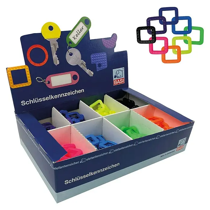 Basi Schlüsselkennring eckig - 200 Stk., Leuchtfarben - Bunte Kunststoff-Schlüsselkennzeichen in einer Displaybox, verschiedene Formen, teils an Schlüsseln befestigt.
