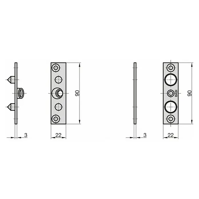 Basi Scharnierseitensicherung BSA 90 - L x B: 90 x 22 mm, Stahl - Metall-Schließblech, 90x22x3mm, mit mehreren Löchern und optionalen Dornen.