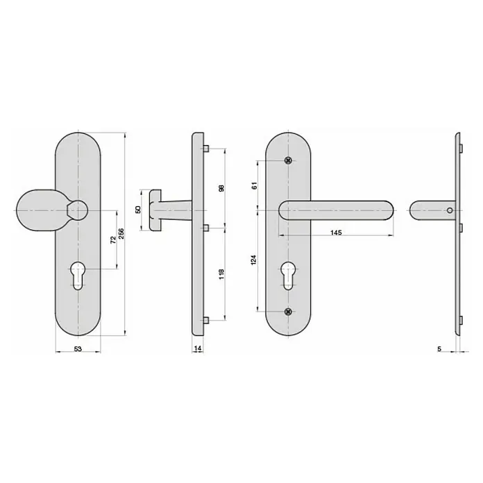 Basi Schutzbeschlag SB 7500 ES1 - Hauseingangstür, Aluminium, Knopf außen, Drücker innen, Ohne Zylinderabdeckung, Stärke Tür: 38 mm - 45 mm - Technische Zeichnung eines Türbeschlags mit Knauf, Drücker und Schlüssellöchern, mit detaillierten Maßen.
