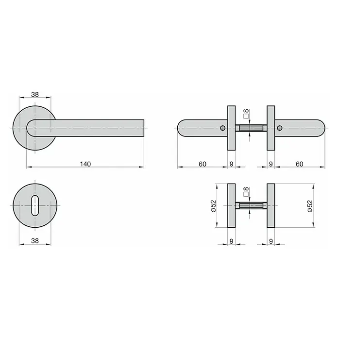 Basi Zimmertürgarnitur ZB 3200 - Edelstahl, L-Form, Buntbart - Technische Zeichnung eines silberfarbenen Türdrücker-Sets mit runder Rosette und Hebelgriff, mit Maßen.
