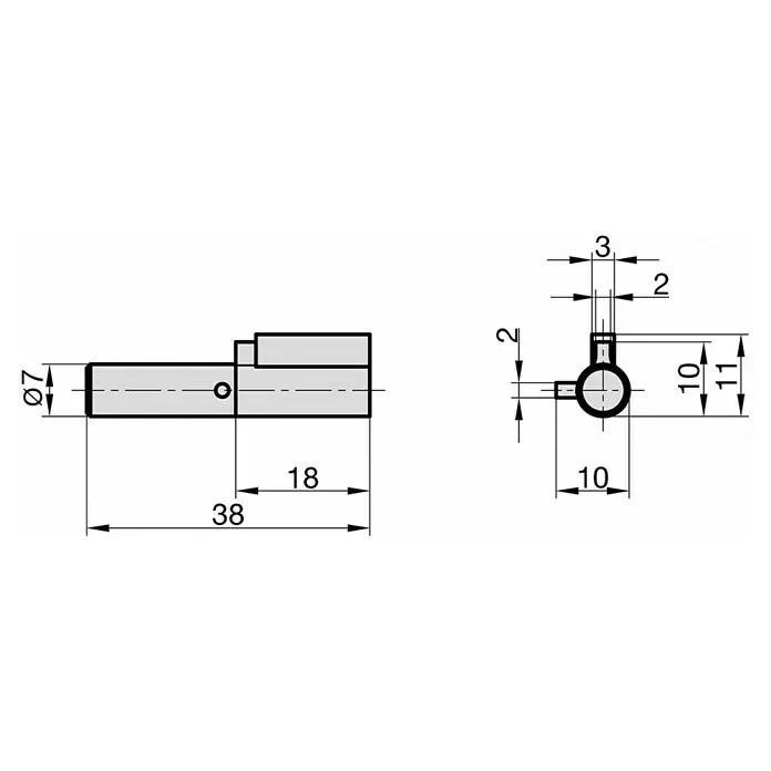Basi Schlüssellochsperrer SS 12 - Anzahl Schlüssel: 2 Stk., Buntbartschloss - Technische Zeichnung eines gestuften zylindrischen Bauteils mit senkrechtem Stift und Befestigungsmerkmalen, detailliert bemaßt.