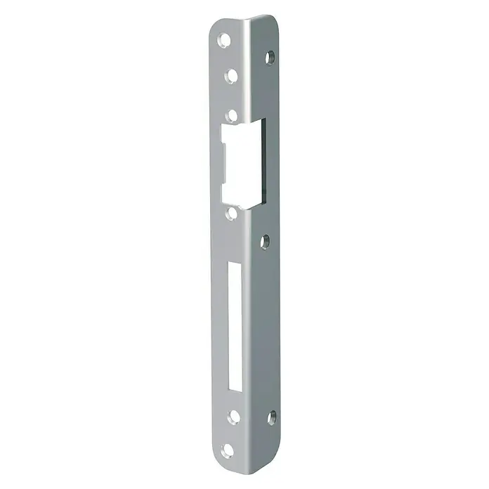 Basi Winkelschließblech WS 950 - DIN Anschlag: DIN-L, L x B: 250 x 25 mm - Silberne, L-förmige Schließplatte aus Metall mit Schraubenlöchern und Aussparungen für ein Türschloss.