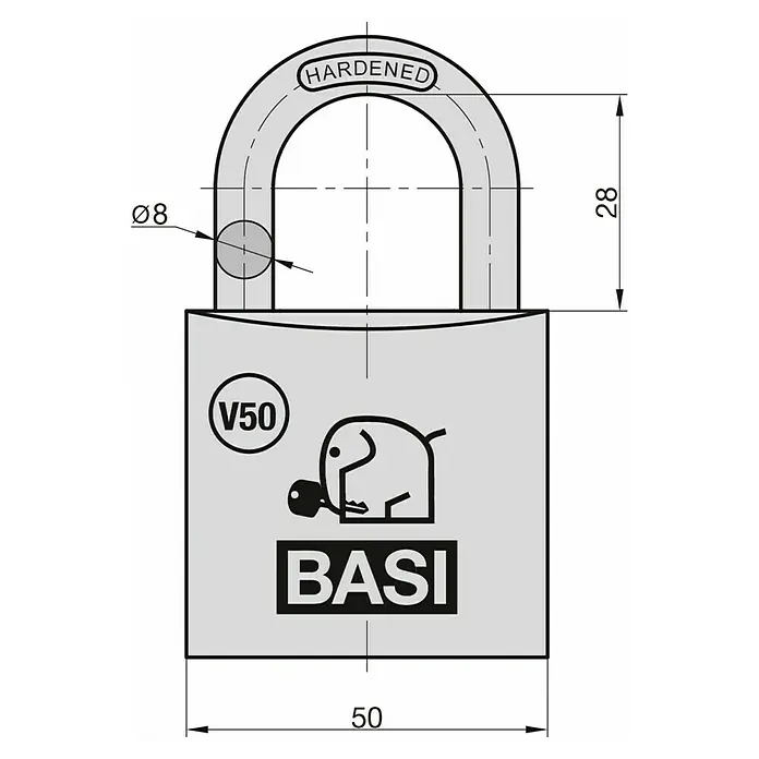 Basi Vorhangschloss V50 - Material Bügel: Gehärteter Spezialstahl - Graue Vorhängeschloss-Zeichnung mit gehärtetem Ø8-Bügel (28mm lichte Weite) und 50mm Körper, mit BASI Logo und V50 Kennzeichnung.