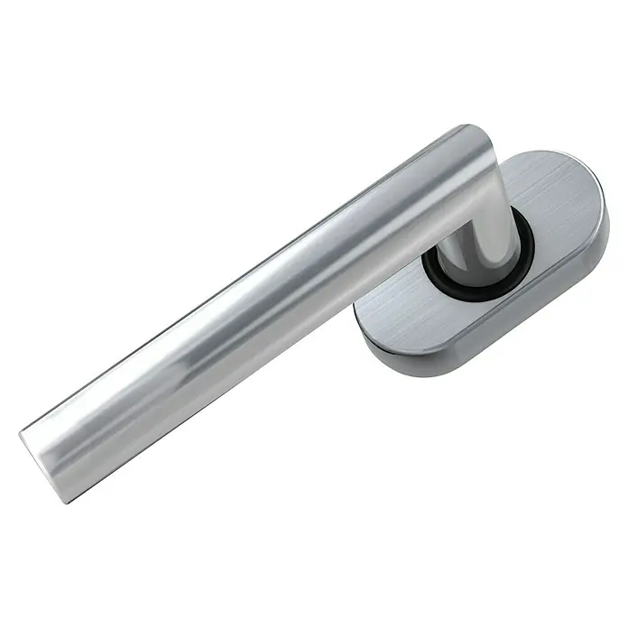 Basi Fenstergriff FG 310 - Edelstahl, Verdeckte Montage - Schlanker silberner Metall-Hebel-Türgriff auf ovaler Rosette.