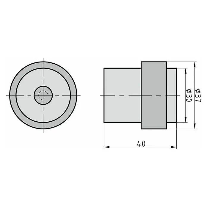Basi Bodentürstopper TS23 - Ø x H: 37 x 40 mm, Edelstahl - Technische Zeichnung eines zylindrischen Stifts mit Absätzen, Durchmesser 37 und 30, Länge 40.