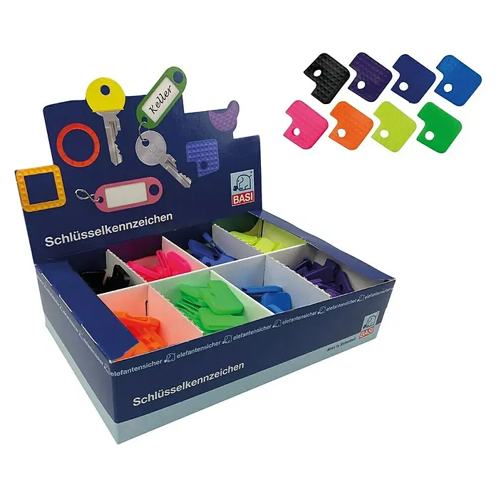Basi Schlüsselkappe eckig - 200 Stk., Leuchtfarben - Displaybox mit farbigen Schlüsselkennzeichen in verschiedenen Formen, wie Kappen und Anhänger, zum Unterscheiden von Schlüsseln.
