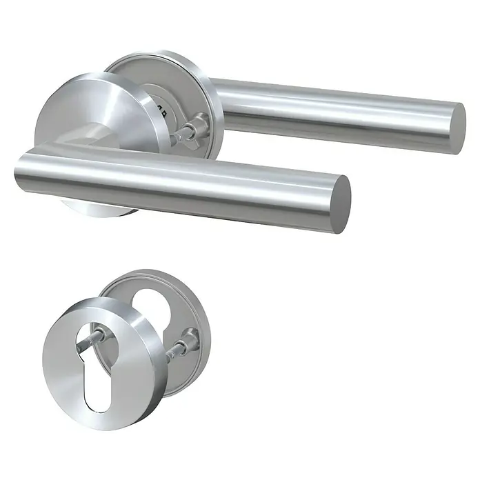 Basi Zimmertürgarnitur ZB 3200 - Stärke Tür: 38 mm - 45 mm, Edelstahl, L-Form, Profilzylinder - Zwei silberne Metall-Türgriffe und eine passende Schlüsselrosette für moderne Türen.