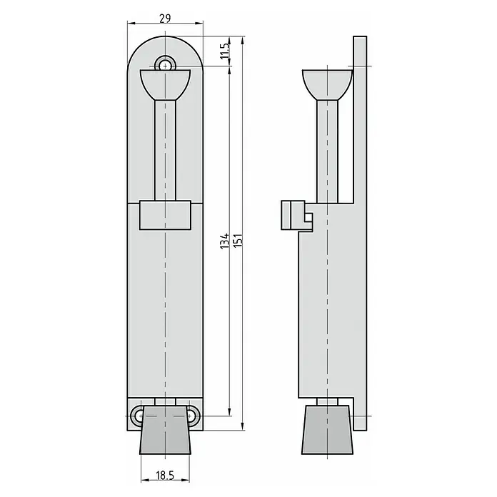 Basi Türstopper TFS 25 - B x H: 29 x 157 mm - Grauer Türstopper mit Gummifuß, technische Zeichnung mit Maßen, Vorder- und Seitenansicht.