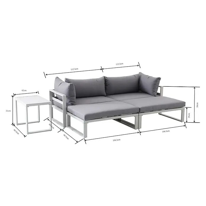 Sunfun Hannah Conjunto de muebles - 5 pzs., Aluminio, Gris - Sofá exterior de dos plazas con estructura blanca y cojines grises, más mesa auxiliar blanca. Dimensiones mostradas.