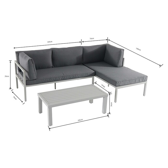 Sunfun Hannah Conjunto de muebles Hannah (3 piezas, Aluminio, Gris claro)